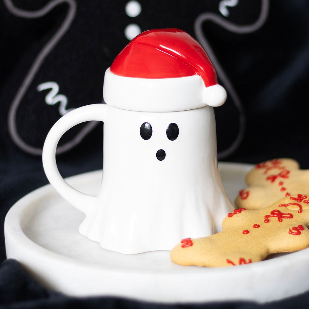 Merry Creepmas Ghost Tasse mit Nikolausmützen-Deckel (500 ml)