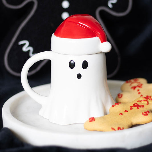 Merry Creepmas Ghost Tasse mit Nikolausmützen-Deckel (500 ml)